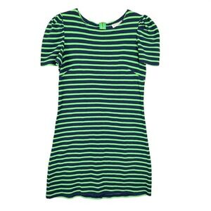 STS Sail to Sable XS Navy Green Striped Puff Sleeve Zip‎ Dress Nautical Preppy